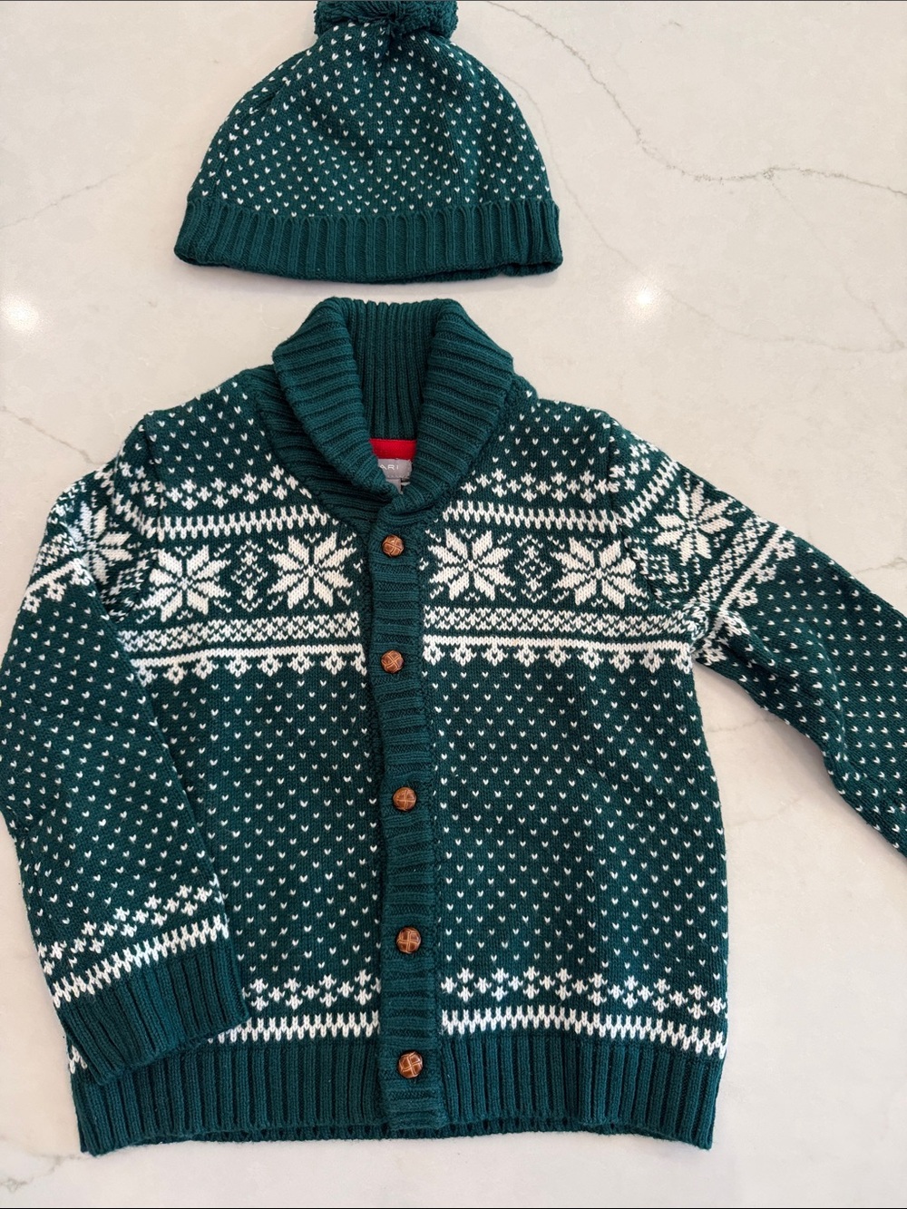 Tahari green Nordic Shawl Collar Cardigan with Pom Hat